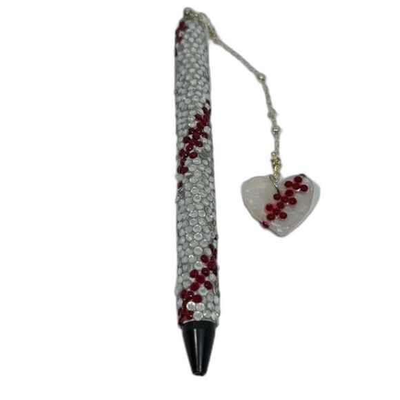 Hand Made Gel Baseball Pen Red Crystal Rhinestones w/ Resin and Rhinestone Charm - Picture 5 of 8
